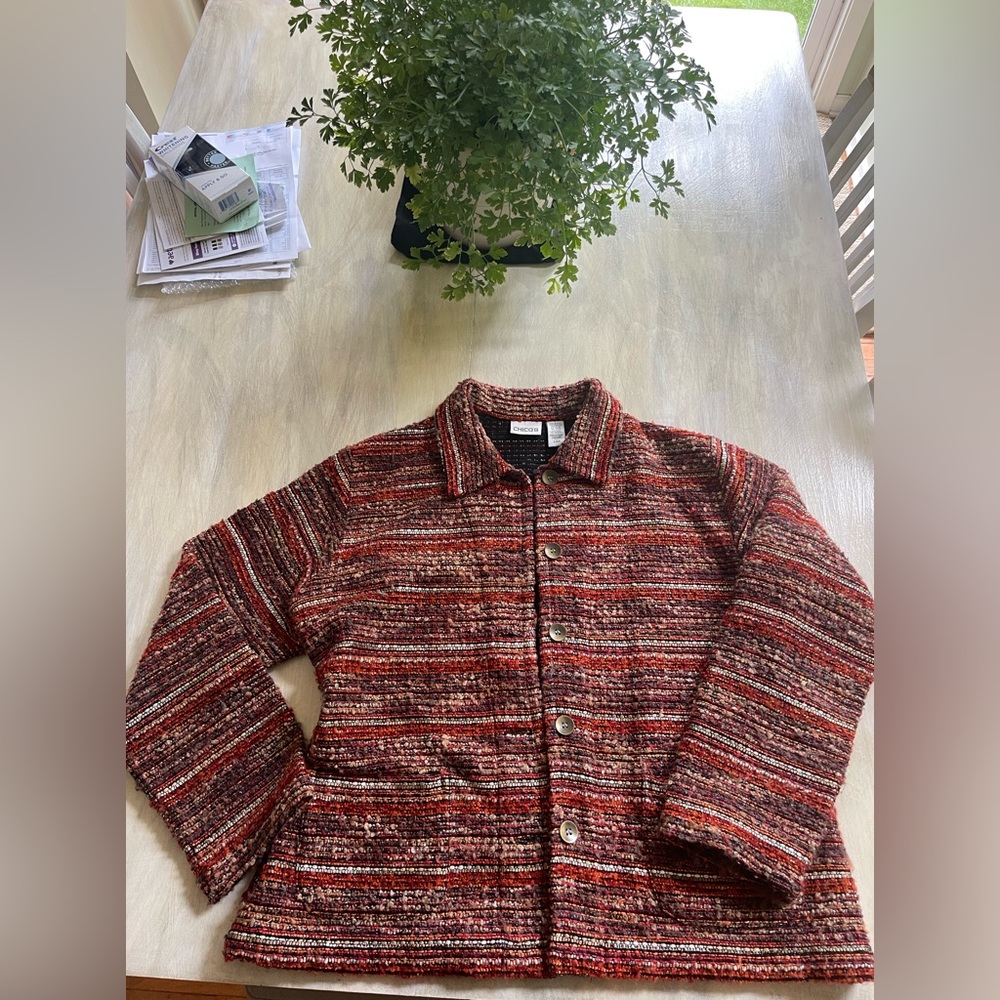 Chico’s Jacket, size 2, multicolored, metal bronze buttons
